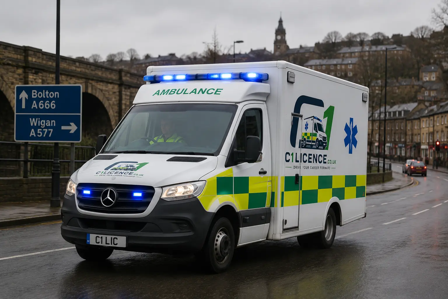 C1 training ambulance on the road near Preston C1 training ambulance on the road near Preston
