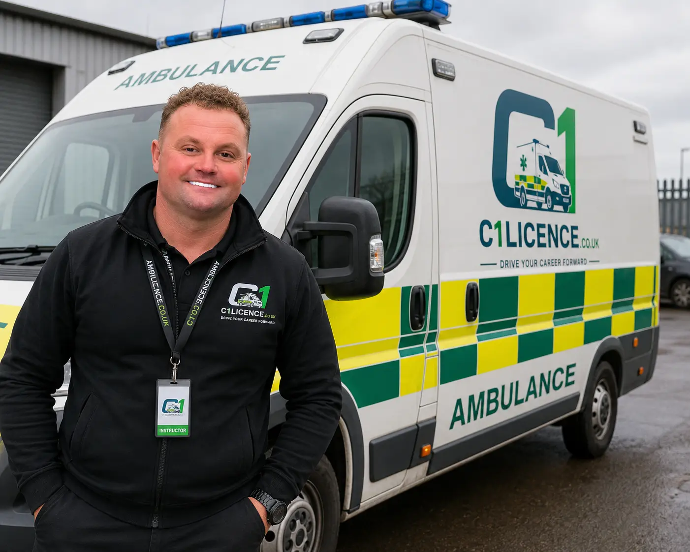 C1 licence instructor standing beside a branded ambulance training vehicle C1 licence instructor standing beside a branded ambulance training vehicle